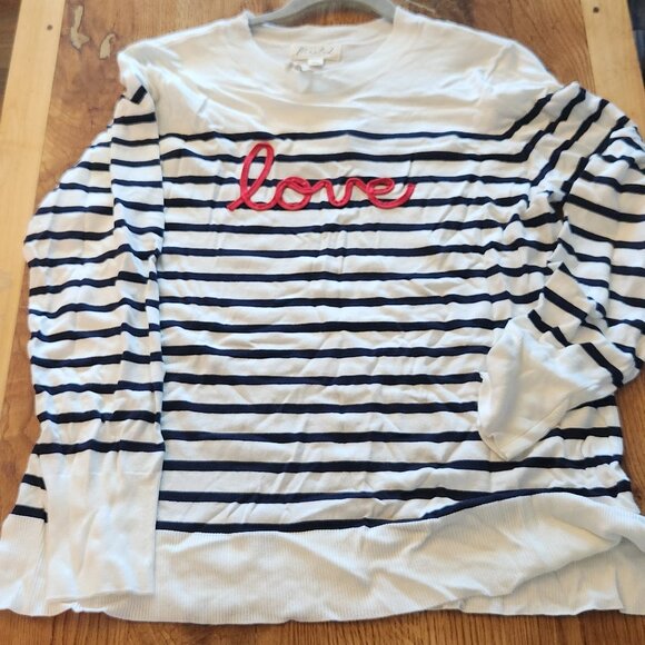 NWT Soft Cream and Navy pinstripe sweater with Love script - Picture 5 of 6